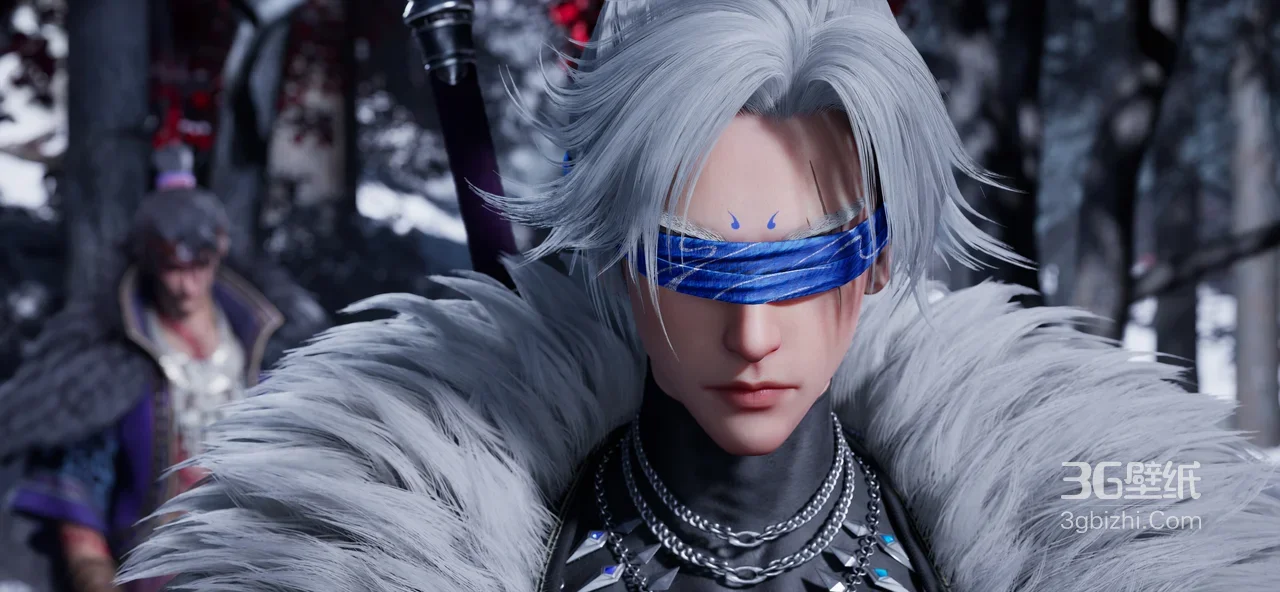 银发蒙眼帅哥·国漫冷峻风《沧元图》·薛苦 雪地武侠场景电脑壁纸1