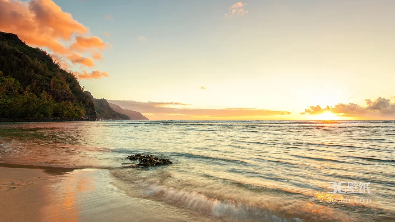 唯美海岸日落·海浪沙滩礁石 治愈系自然宽屏桌面背景1