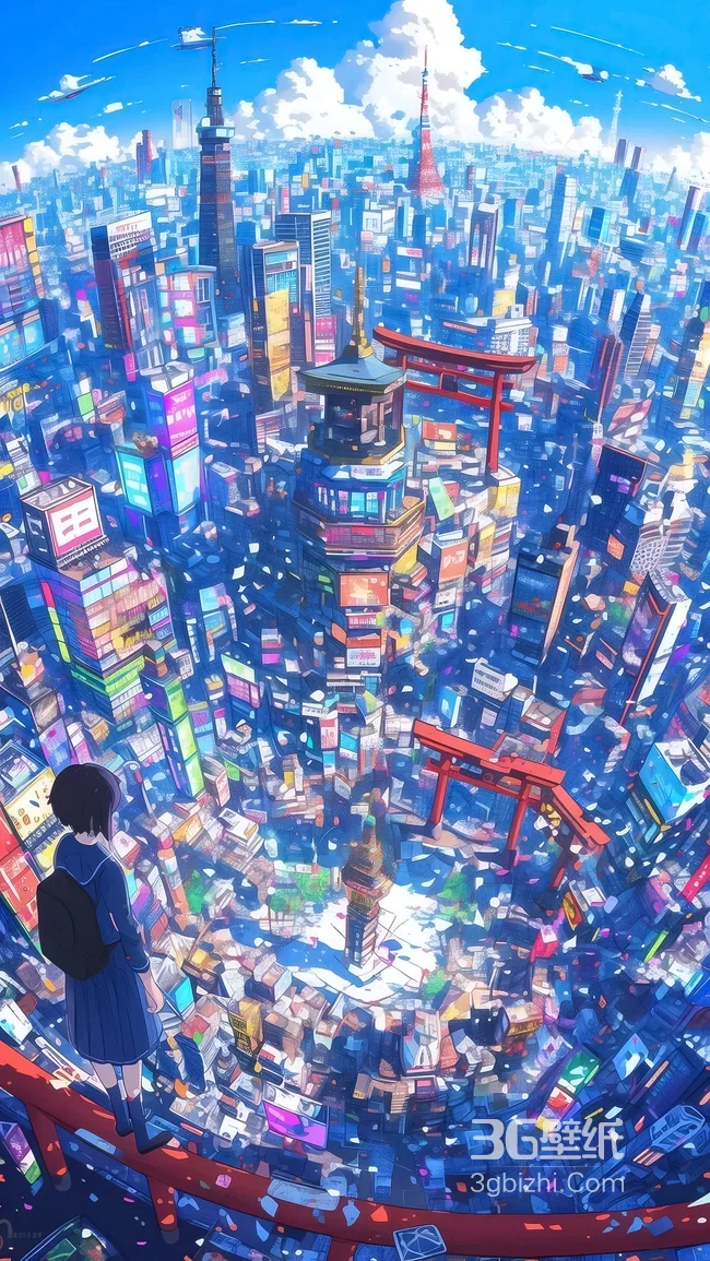校服少女俯瞰赛博朋克东京 日系二次元风高饱和手机壁纸1