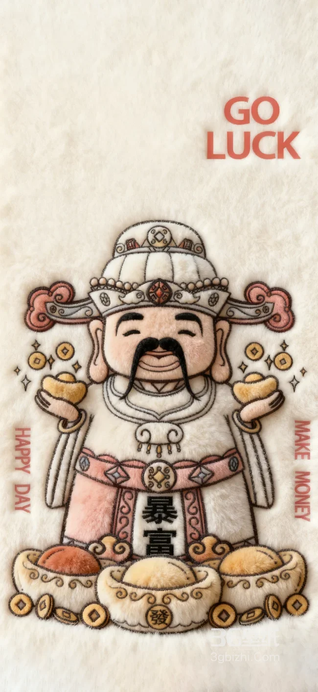 财神爷·暴富发财 国风毛绒刺绣风手机壁纸1
