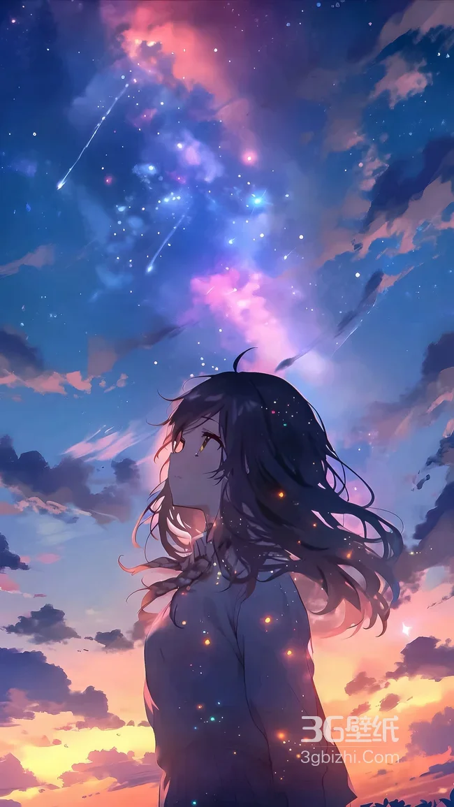 二次元少女·仰望星空流星 唯美晚霞发丝星光超治愈壁纸1