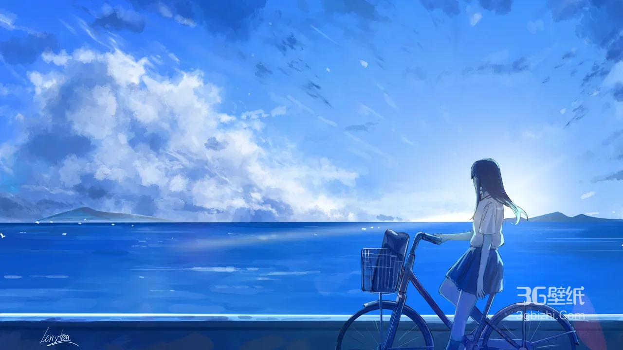 单车少女·海边眺望 唯美二次元插画（画师lanvtea）1