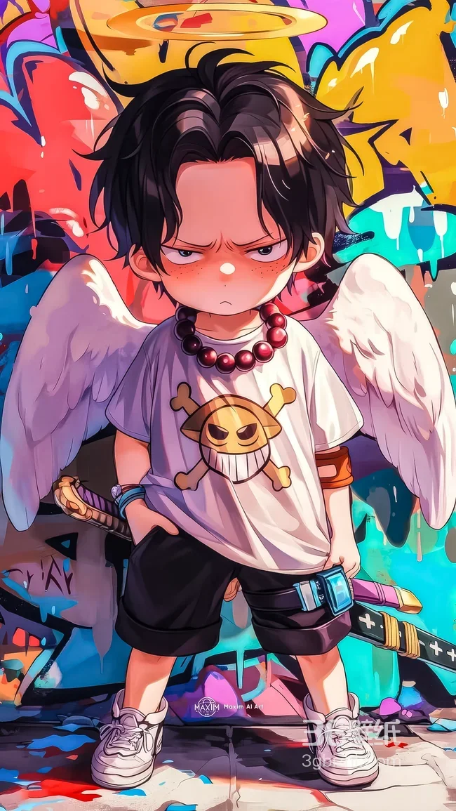 波特卡斯·D·艾斯 天使翅膀Q版涂鸦风 海贼王同人壁纸1