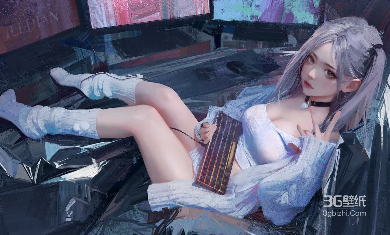银发少女·电竞风 赛博唯美原创插画 高人气电脑桌面1