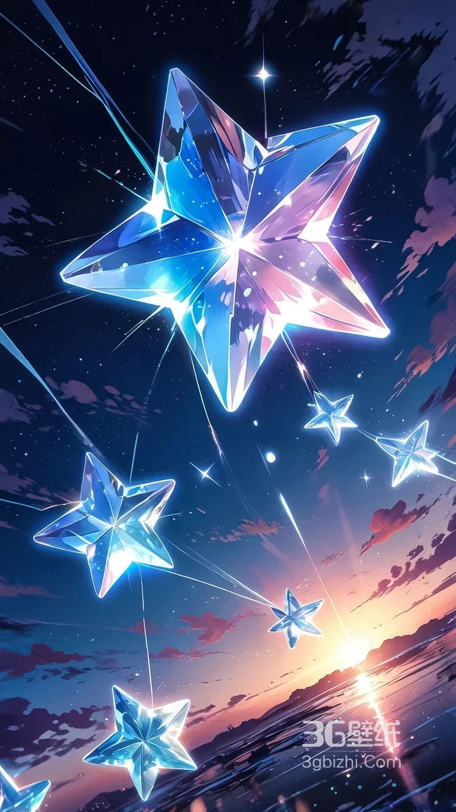 水晶星星·星空海面黄昏·唯美梦幻二次元插画超高清手机壁纸1