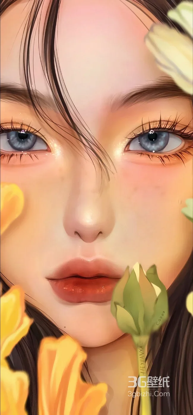 写实唯美花卉环绕人物插画 治愈系手绘手机壁纸热款