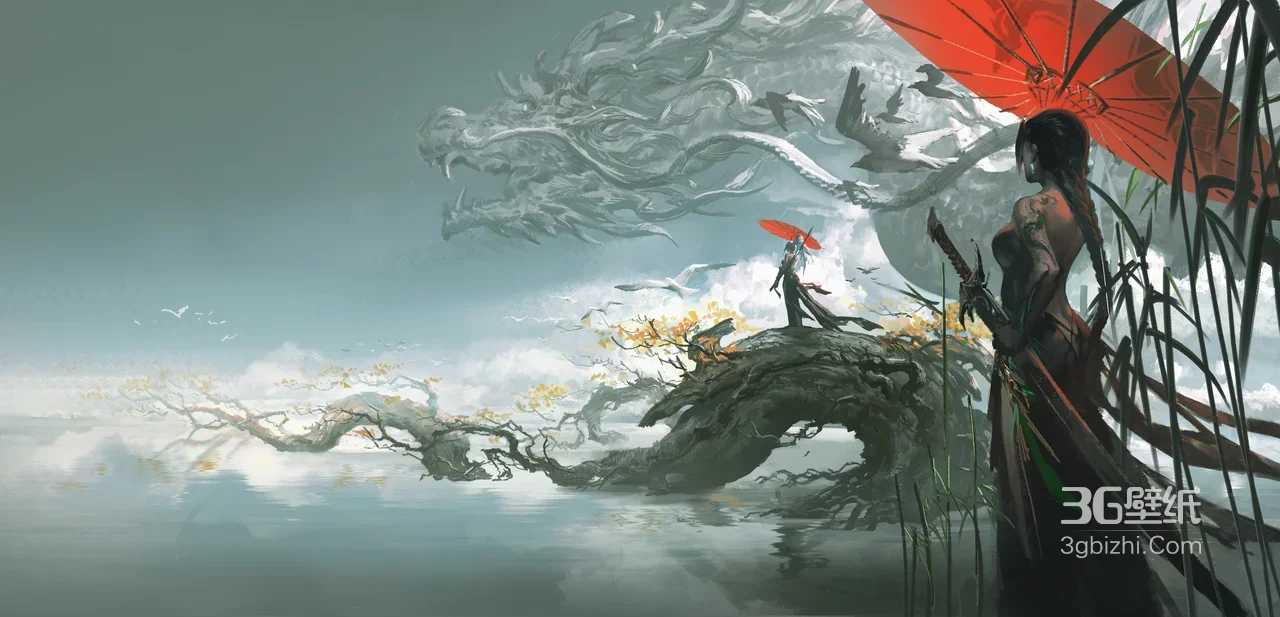 国风仙侠·古风人物持红伞 巨龙枯树宽屏电脑壁纸1