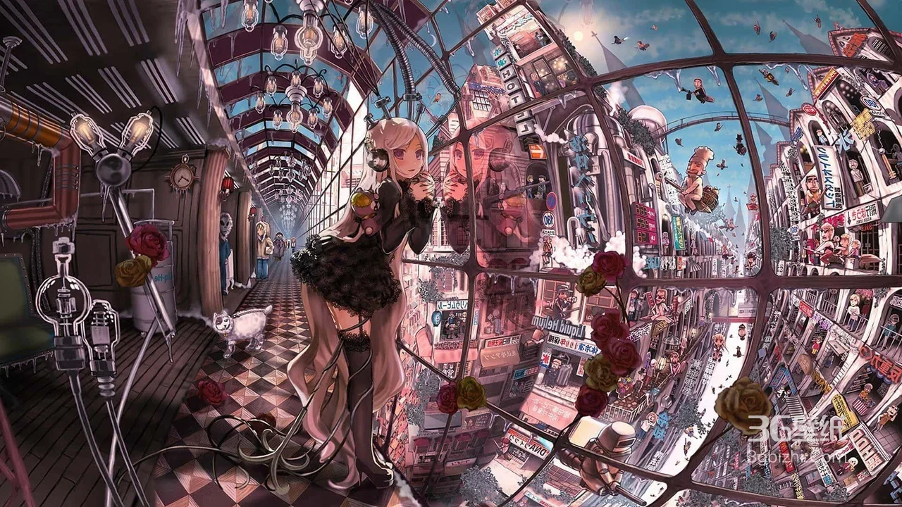 耳机黑裙少女·蒸汽赛博都市 原创插画电脑壁纸1