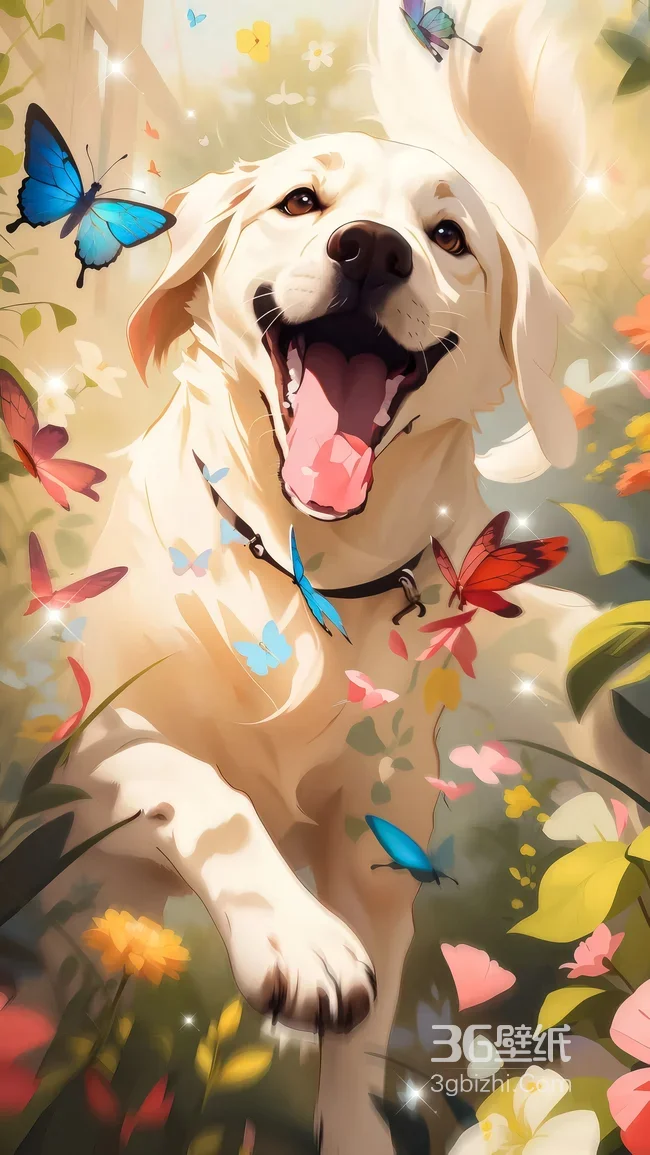 唯美插画风白色狗狗·蝴蝶环绕治愈笑 高人气宠物壁纸1
