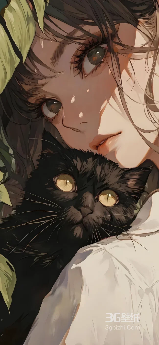 少女与黑猫依偎·写实唯美风治愈系手机壁纸精选1