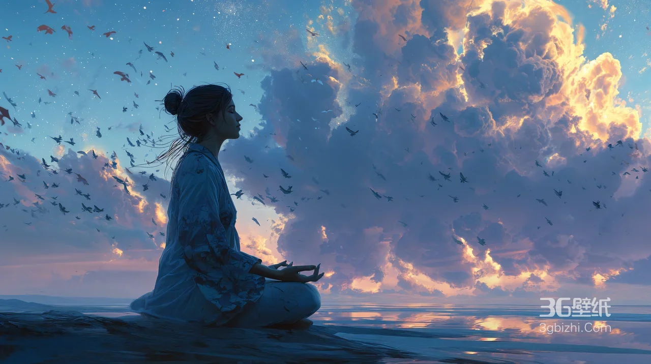 冥想女子·海边云海飞鸟·唯美梦幻风 治愈系桌面背景1