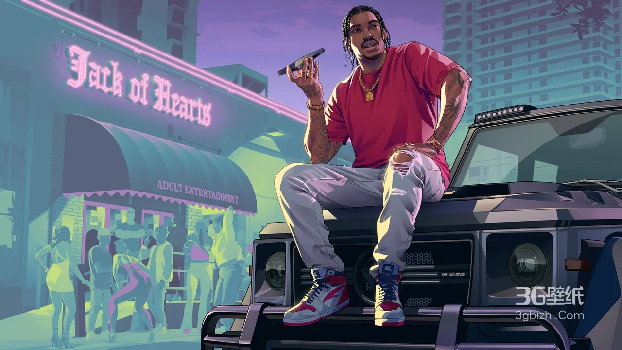 GTA风格赛博霓虹潮男（红T破洞裤）·街头豪车 霓虹娱乐店场景1