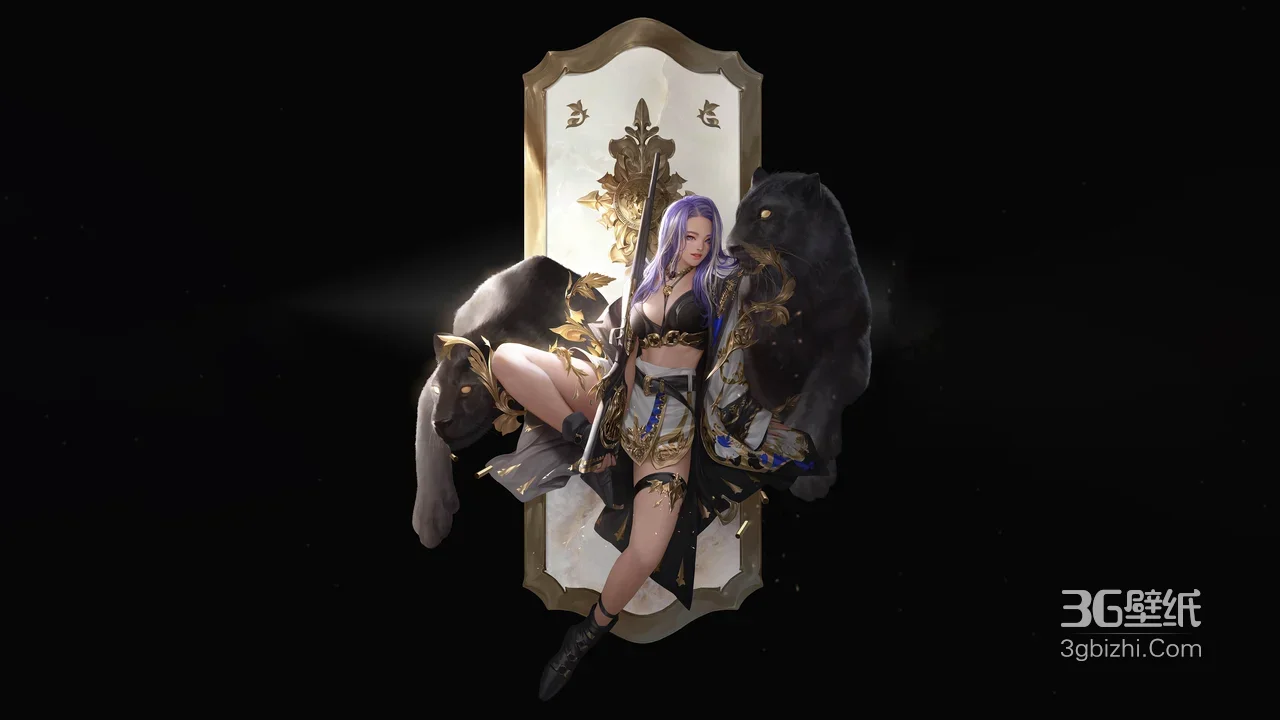 紫发女战士·持剑黑豹伴身 华丽写实风 游戏角色宽屏车机壁纸1