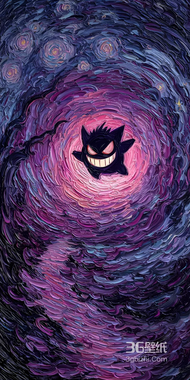 耿鬼·邪笑红瞳 梵高星空油画风 宝可梦暗黑壁纸（超火手机壁纸）1