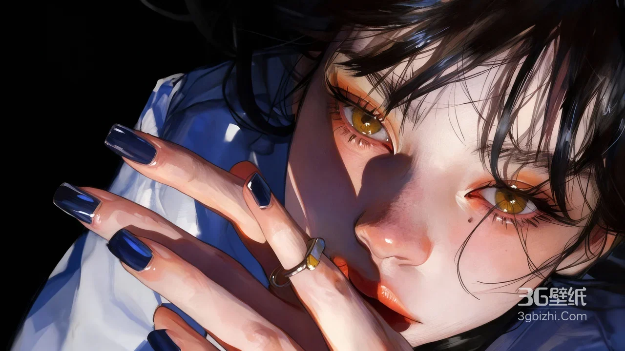 动漫少女·蓝美甲琥珀眼 写实厚涂插画风 宽屏电脑桌面1