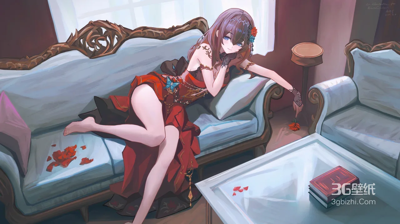 二次元美少女·红礼服慵懒倚卧 华丽复古风动漫插画 热门电脑桌面背景1