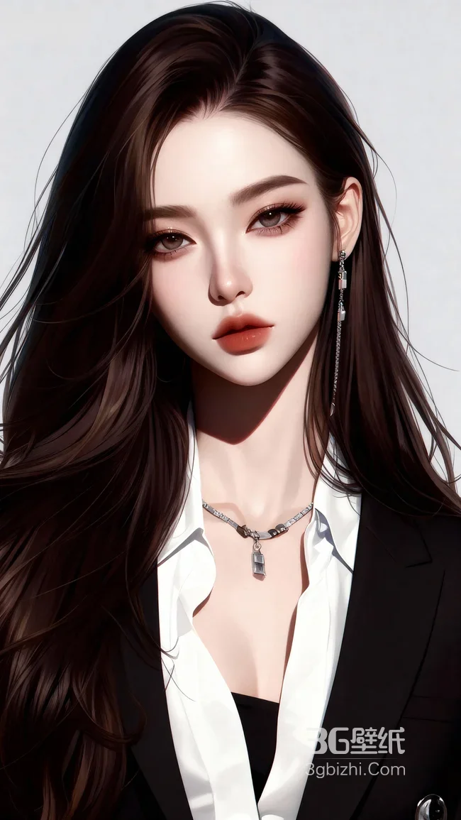 精致长发西装女性·写实唯美AI绘 高人气职场风手机壁纸1