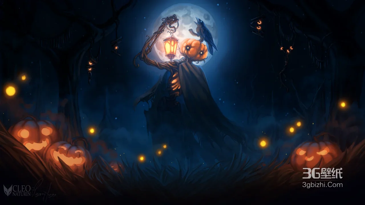 南瓜骷髅·持灯伴鸦 暗黑万圣节风插画 万圣主题宽屏壁纸1