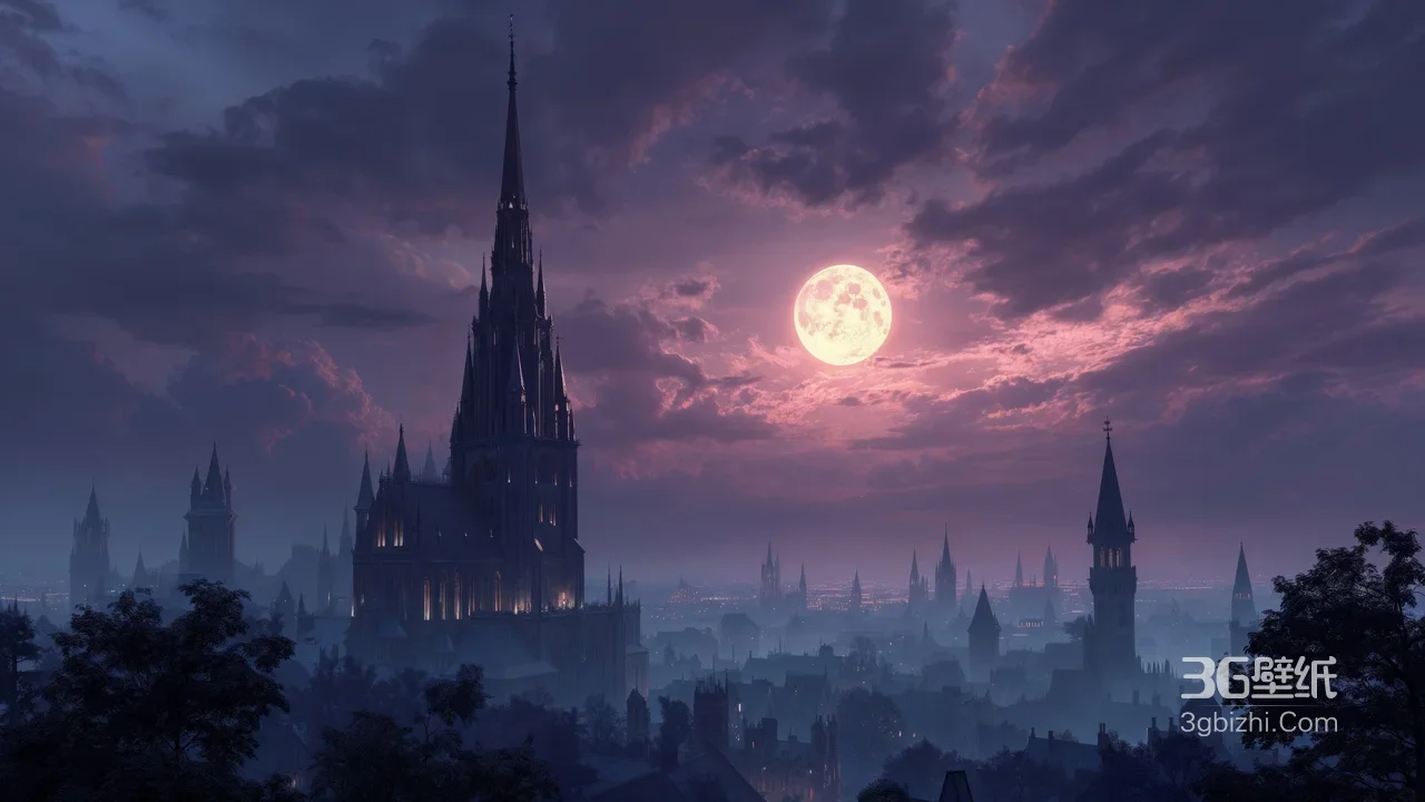 哥特古城月夜·魔幻暗黑风概念艺术 超宽屏电脑壁纸1