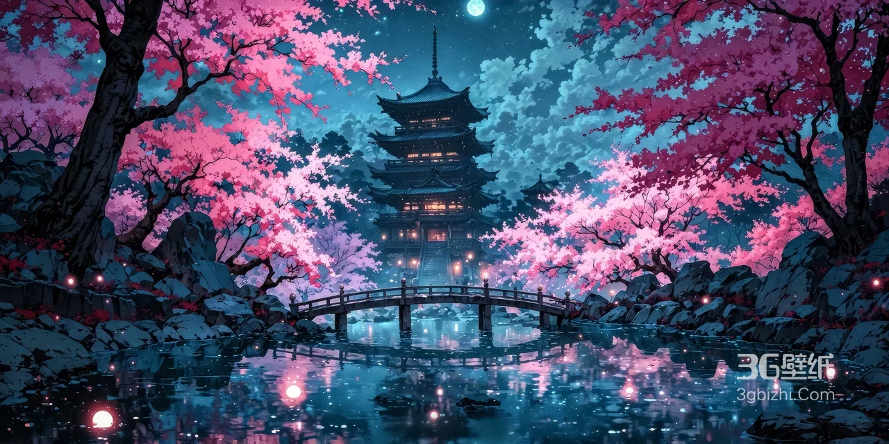 日式五重塔樱花月夜湖景·唯美二次元宽屏车机古风夜景壁纸1