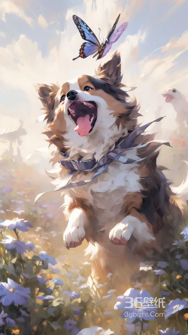 萌犬追蝶·唯美梦幻风 治愈系宠物主题插画壁纸1