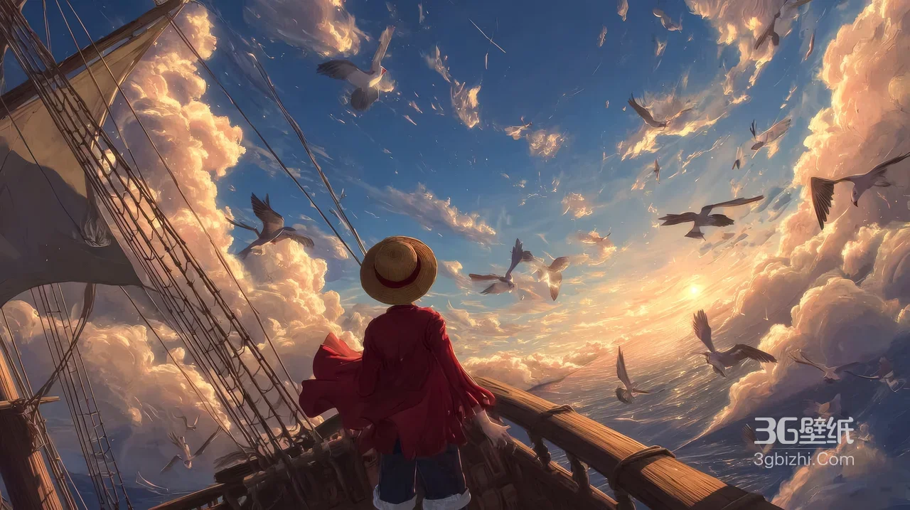 路飞·草帽红披风航海甲板 动漫唯美海贼王冒险电脑壁纸1