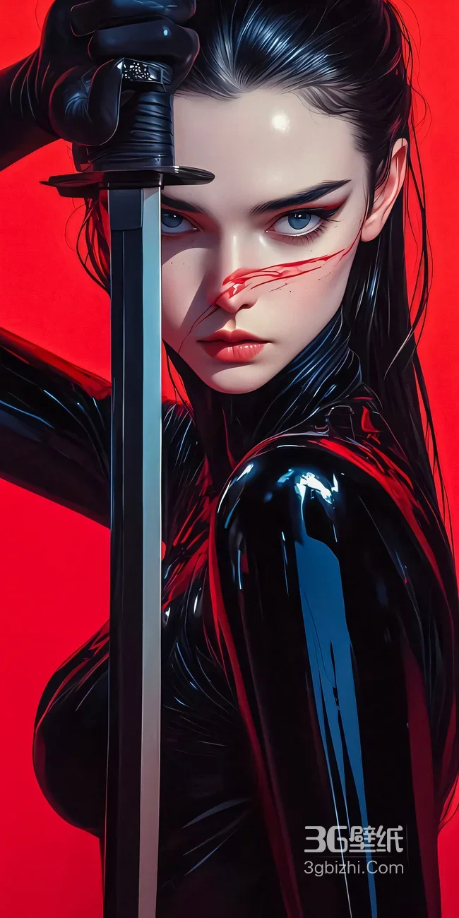 暗黑女武士·武士刀对峙 暗黑机能风 高热度暗黑手机壁纸1
