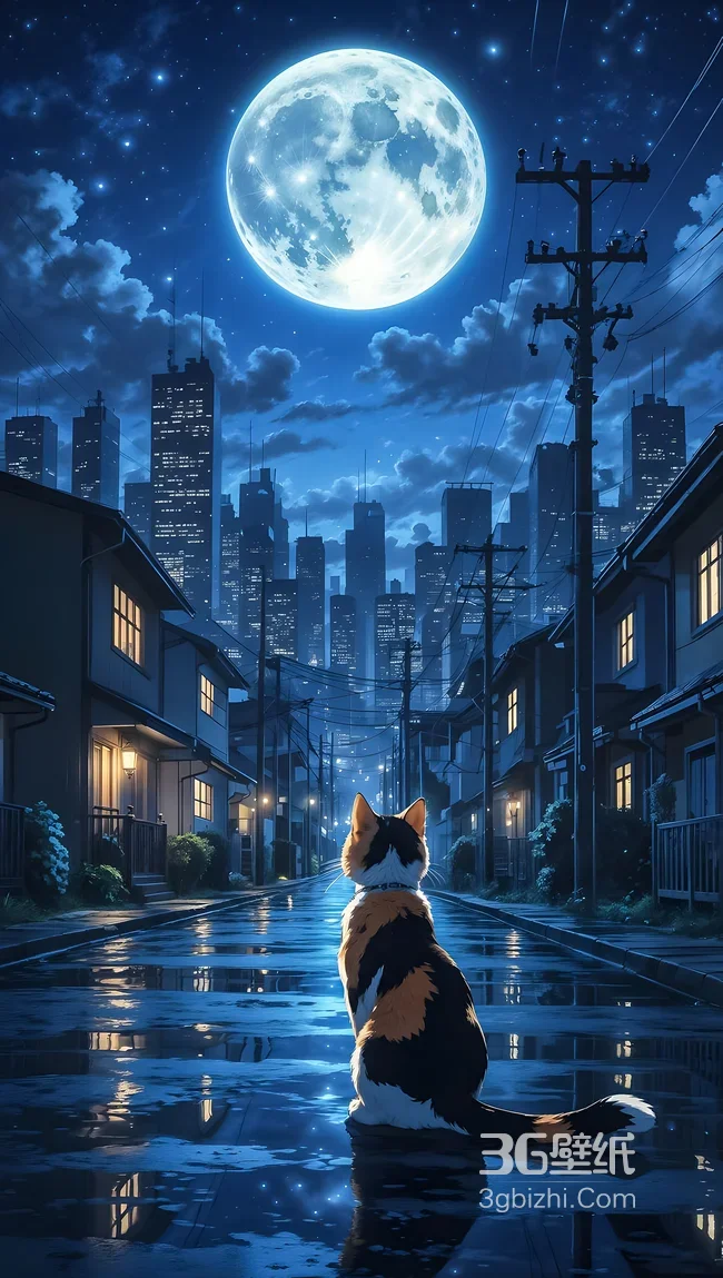 三花猫坐雨夜街道 唯美插画风城市天际线满月夜景 治愈系1