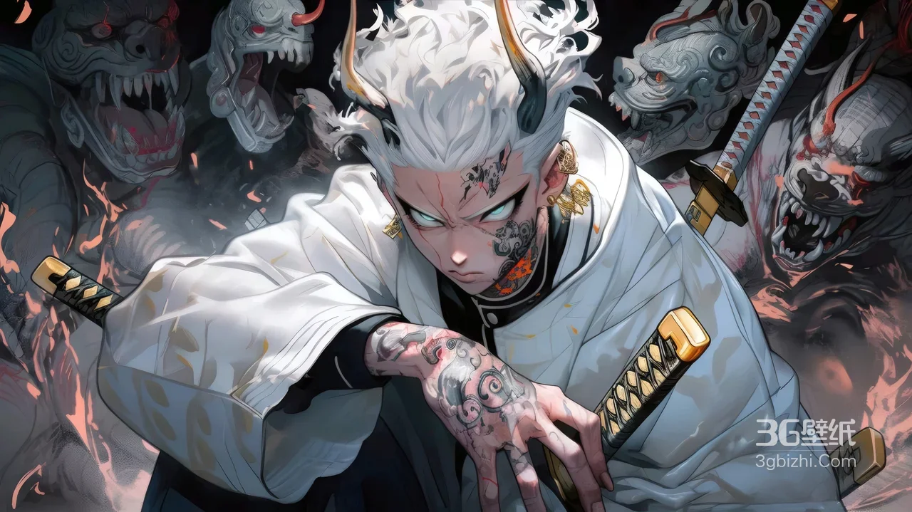 白发角纹霸气武士·暗黑国风原创角色 超酷桌面风格1