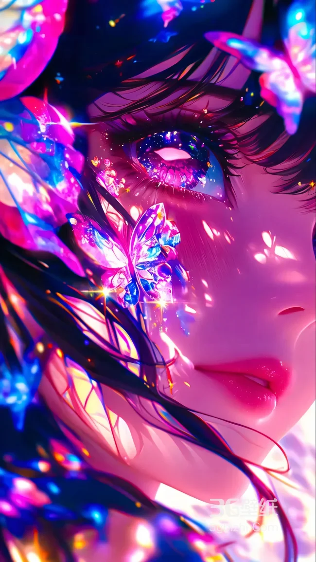 二次元美少女·水晶蝴蝶星空眼眸 超梦幻炫彩风手机壁纸1
