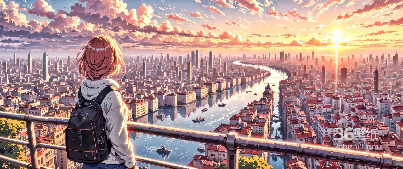 短发少女俯瞰河畔橙红晚霞城市·唯美二次元高清治愈场景1