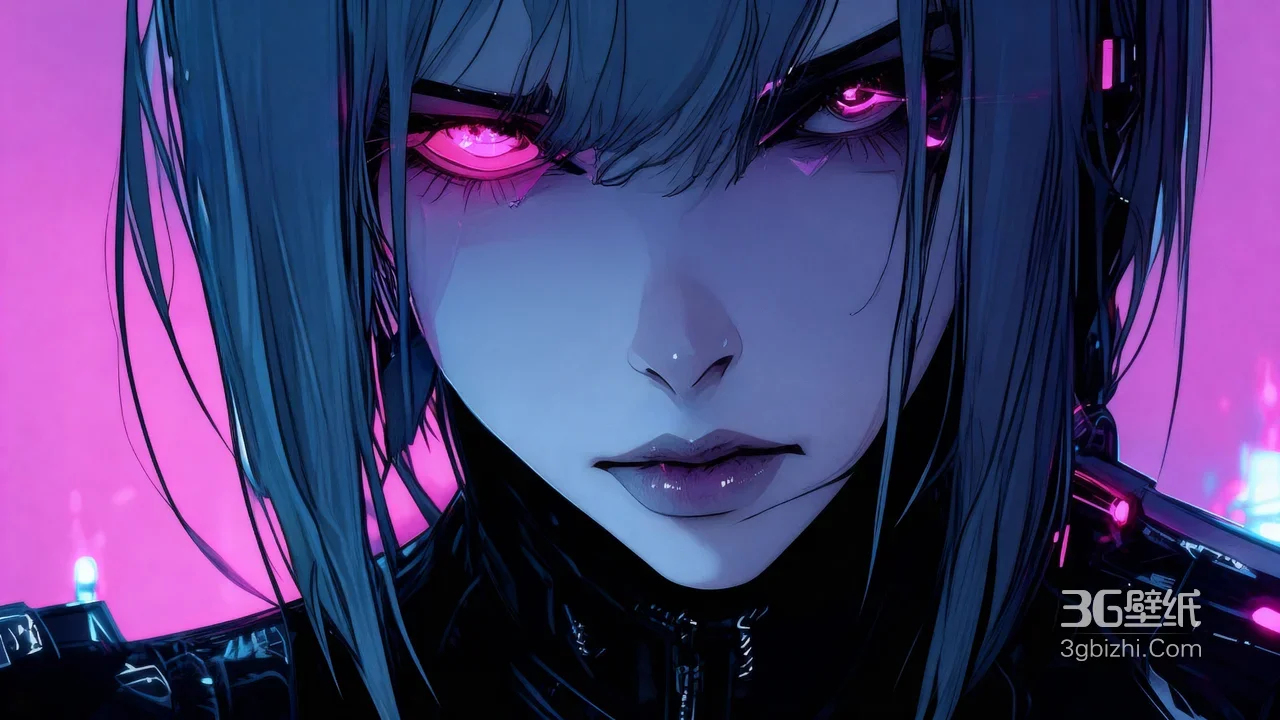 赛博朋克动漫人物·粉红眼眸机械装束 暗黑霓虹风桌面背景1
