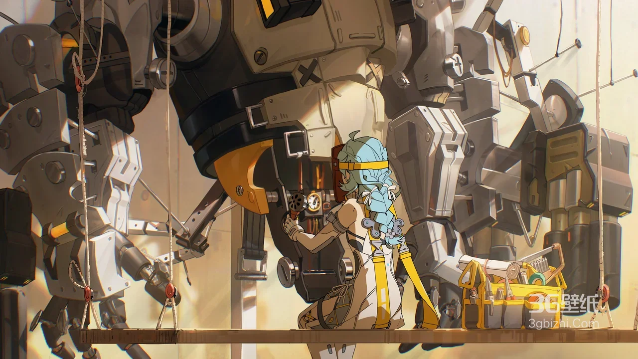 蓝发机械师维修巨型机甲 国风机械风 硬核机甲工坊电脑壁纸1