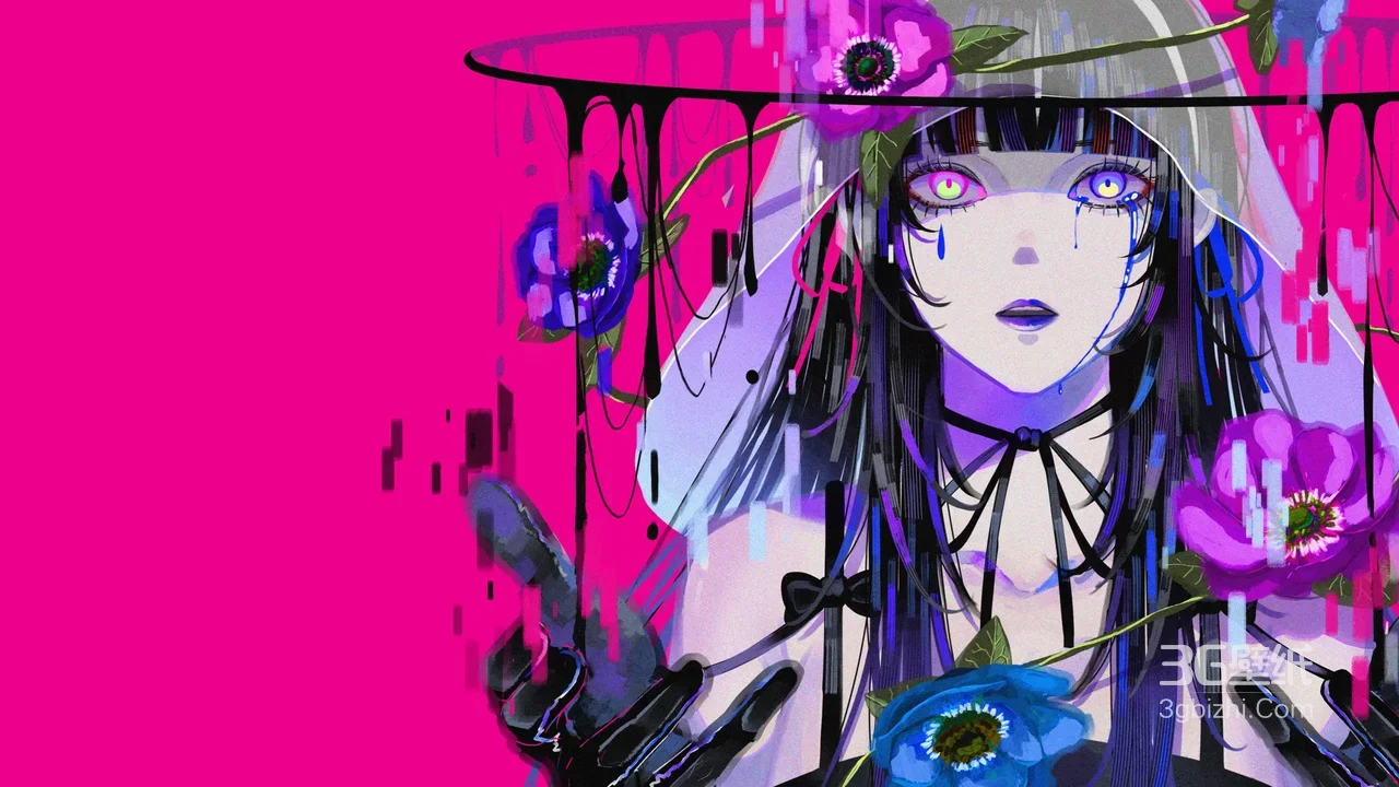 暗黑赛博二次元少女·花朵泪滴 原创插画电脑桌面1