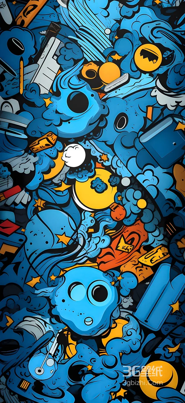 蓝色系潮流涂鸦风奇幻宇宙元素超火手机壁纸1
