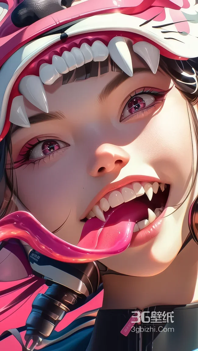 赛博朋克风少女·机械鲨鱼帽尖牙粉舌 高人气手机壁纸1