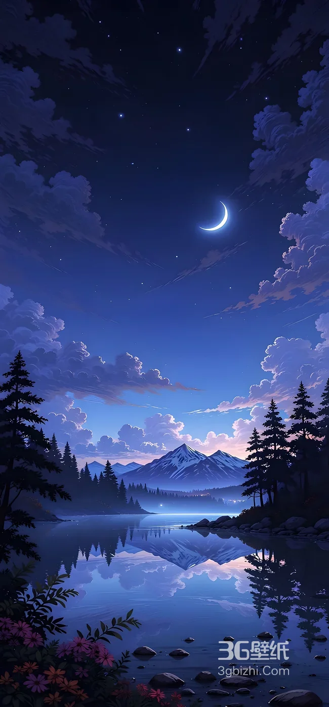 湖光雪山月夜云海松林·唯美插画风 高清自然风景壁纸1