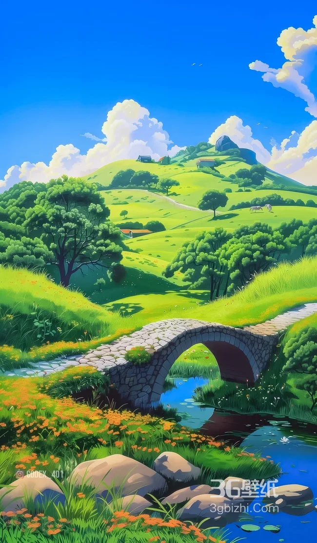 田园乡村·唯美动漫风 绿丘石桥治愈手机壁纸1