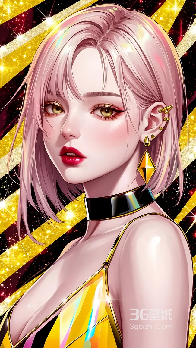 粉色短发少女·华丽二次元风 金色配饰炫酷壁纸（潮流个性手机壁纸）1