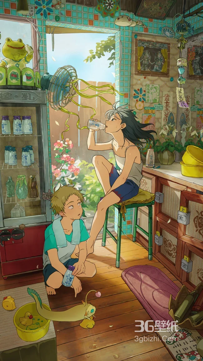 国漫风夏日少年日常 宠物绿植相伴 治愈系手机壁纸1