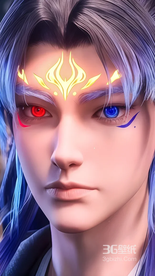 国漫帅哥·沧元图孟川·红蓝异色瞳金纹蓝紫发 唯美国风手机壁纸1
