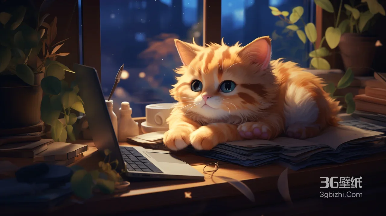 治愈插画风书桌夜读橘猫 桌面美化设计素材1