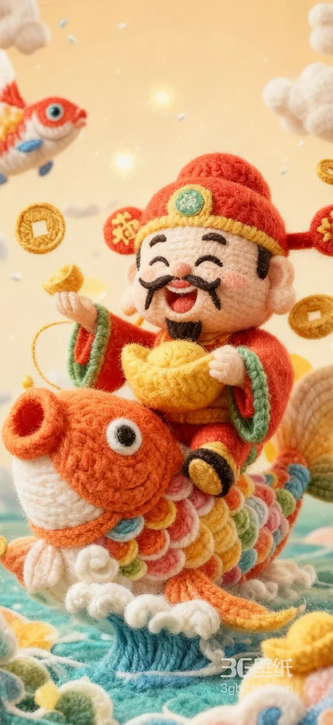 财神·骑锦鲤抱元宝 国风毛线编织 新春财运手机壁纸1
