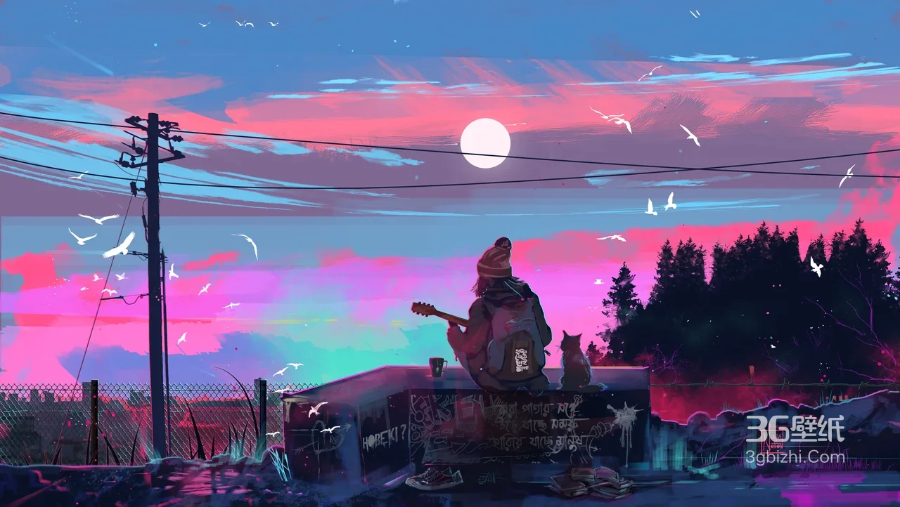 弹吉他的少年与猫·赛博朋克风粉蓝天空 高人气宽屏电脑壁纸1