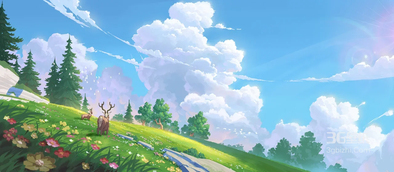 青翠草坡花海与灵鹿·唯美治愈系插画·高清风景桌面背景1