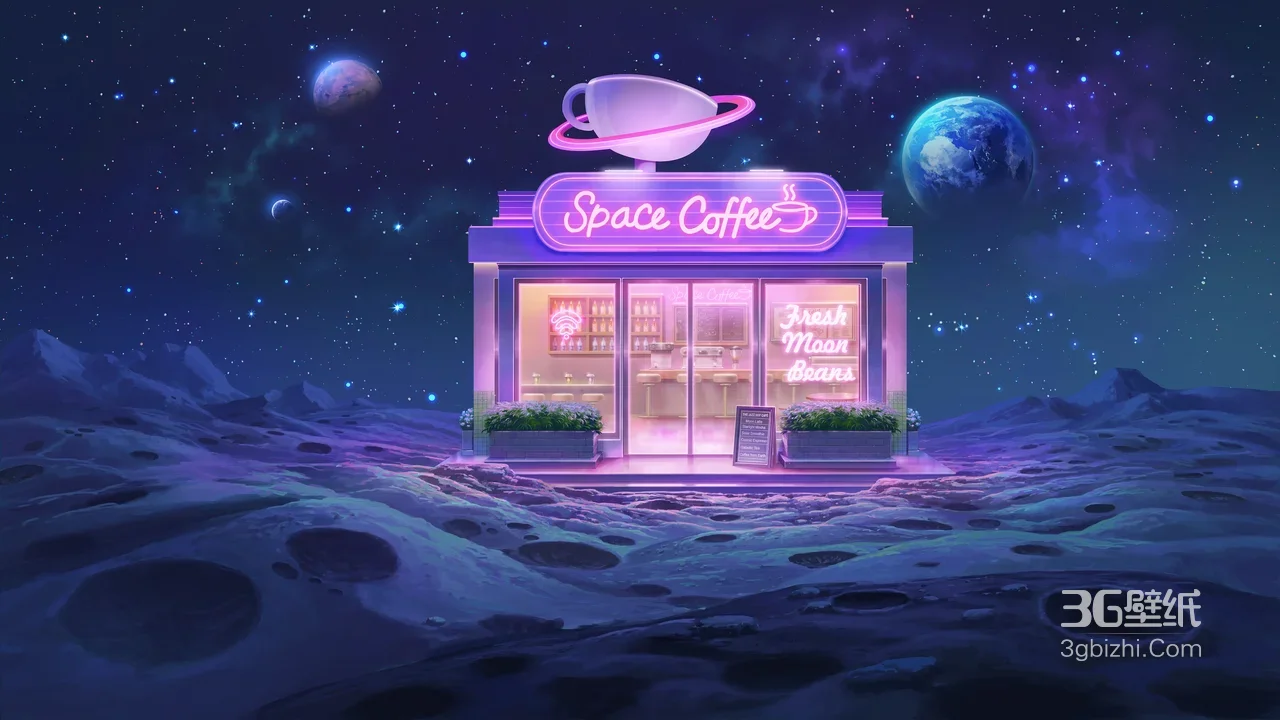 月球表面太空咖啡屋·霓虹灯光梦幻星际景观 超高清1