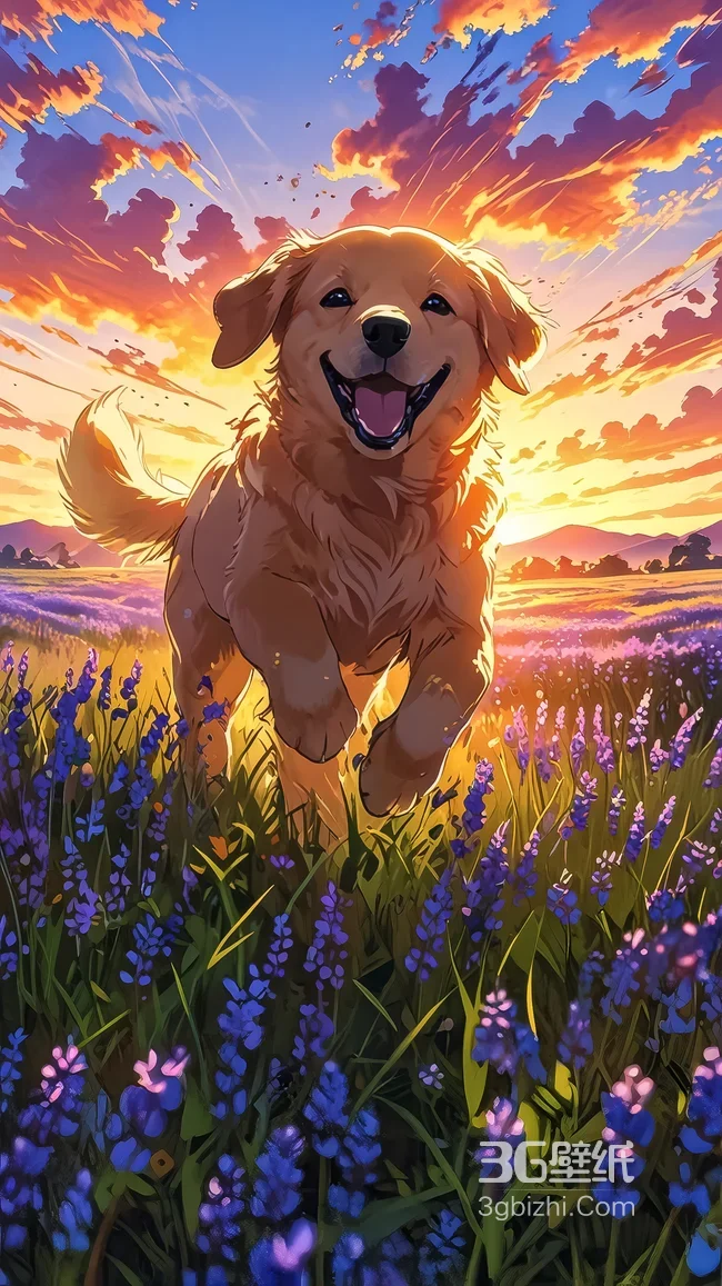 金毛犬奔跑于薰衣草花田·夕阳暖光唯美治愈风 高清治愈系1