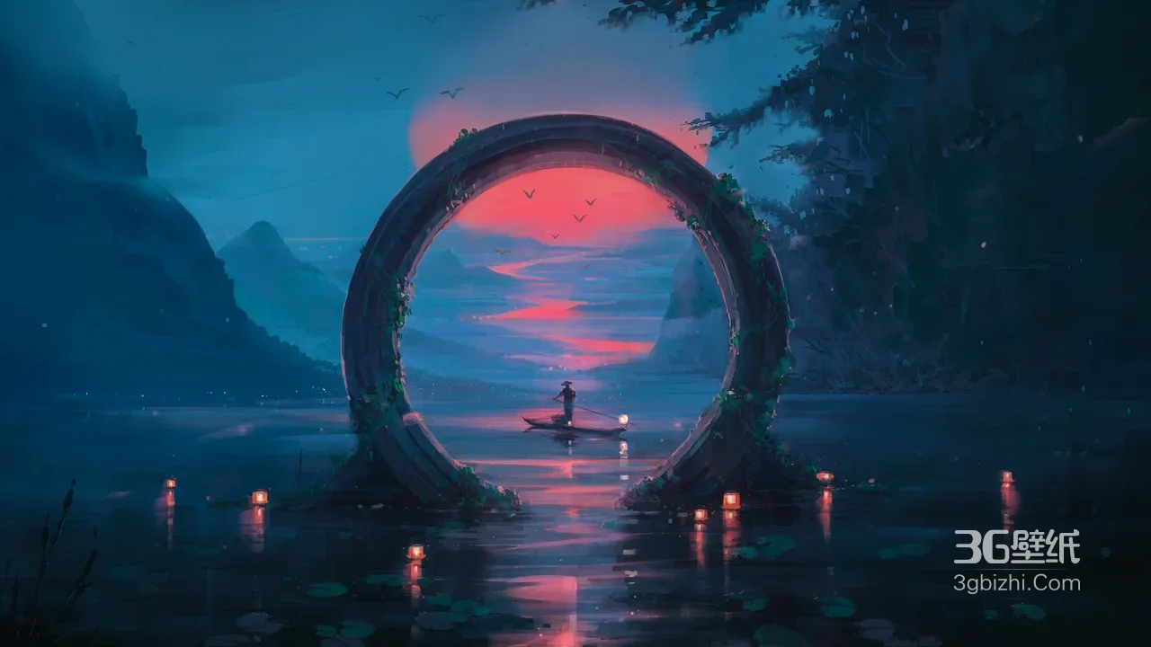 孤舟渔者渡秋水·圆形拱门映残阳 国风唯美意境桌面背景1