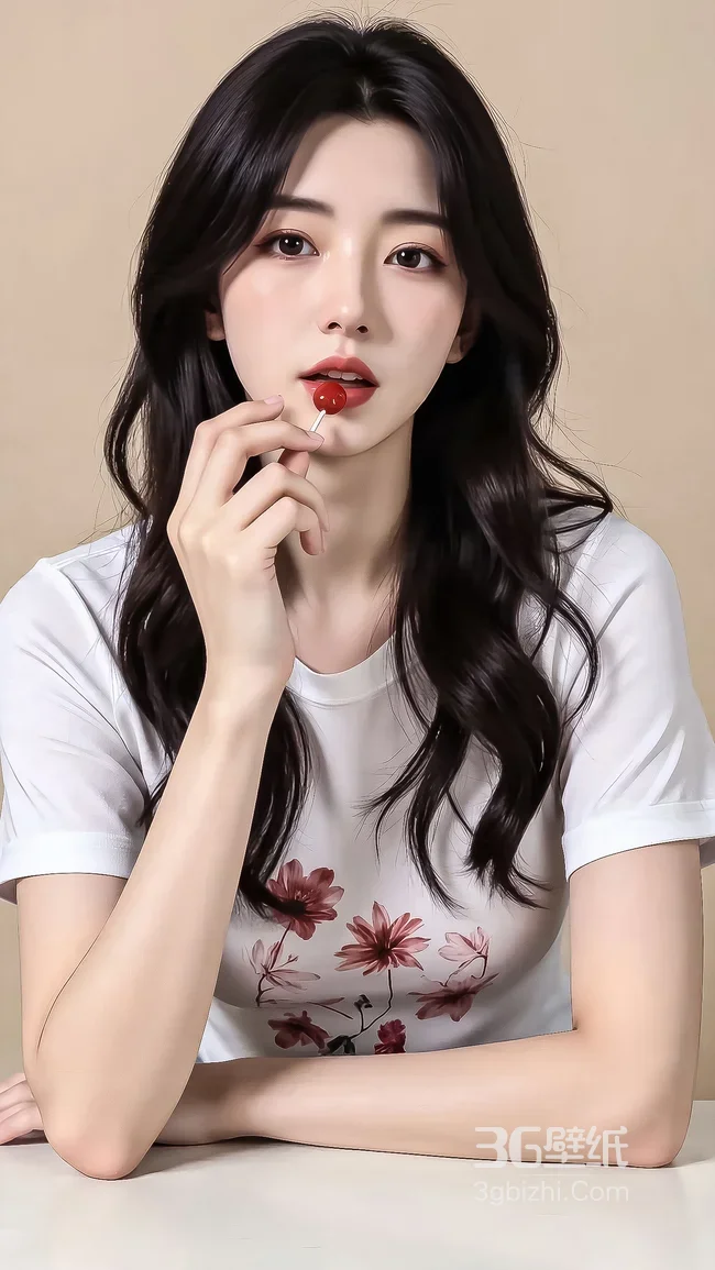 黑发女子·持棒棒糖·清新写实风高清质感1