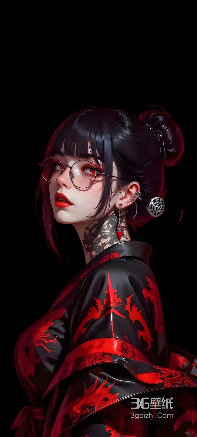 红瞳眼镜少女·颈间龙纹暗黑新中式·高清插画